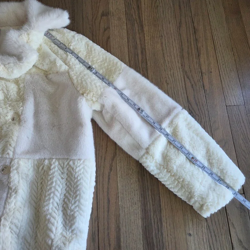 Forever 21‎ Cream Patchwork Faux Fur Coat Men's Large Mob Wife Winter Cozy White